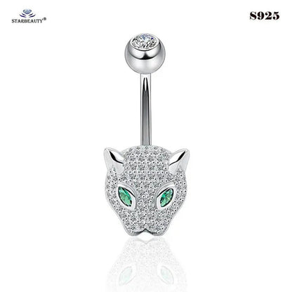 Starbeauty 1 Piece 1.6x6/8/10mm Luxury 925 Sterling Silver Navel Ring Accessories Green Eye Leopard Belly Piercing Ombligo Crystal Zircon Belly Button Rings Navel Pierc Jewelry