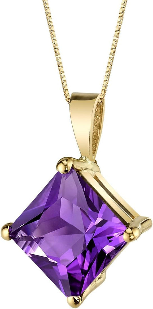 Solid 14K Yellow Amethyst Pendant for Women, 2 Carats Princess Cut 8Mm, Genuine Gemstone Solitaire, Real Amethyst Necklace, February Birthstone Necklace, for Jewelry Gift & Everyday Wear