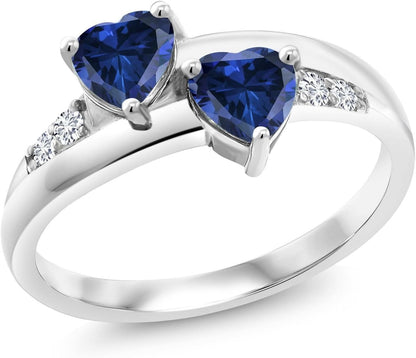 925 Sterling Silver Blue Created Sapphire and White Lab Grown Diamond Women Ring (1.30 Ct Heart Shape, Available in Size 5, 6, 7, 8, 9)