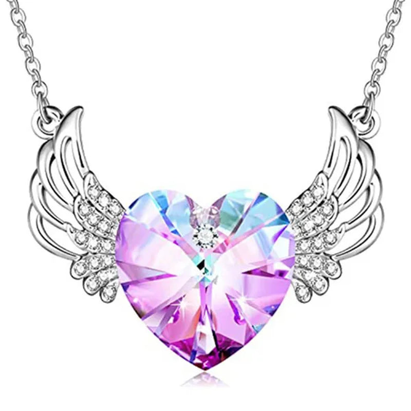 Luxury Fashion Women's Diamond Wings Heart Crystal Necklace Angel Wings Diamond Pendant Wedding Necklace Women's Princess Jewelry Birthday  Anniversary Gift