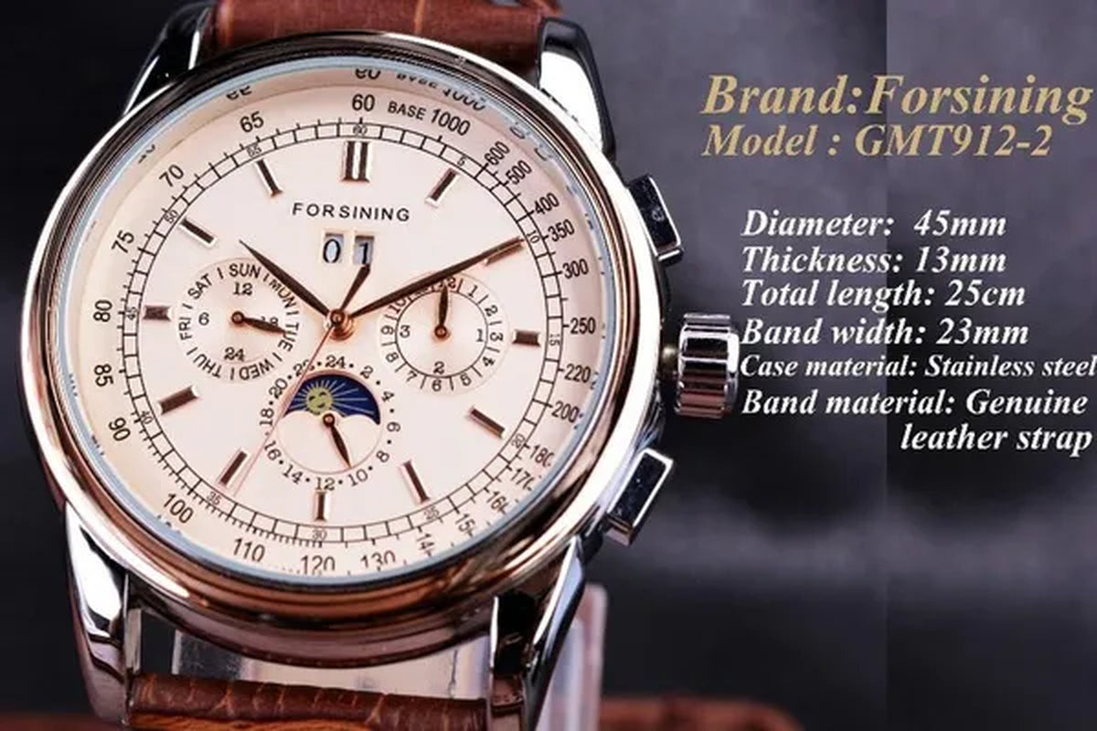 Forsining Moon Phase Shanghai Movement Rose Gold Case Brown Bracelet en cuir véritable Montres pour hommes Top Brand Luxury Auotmatic Watch