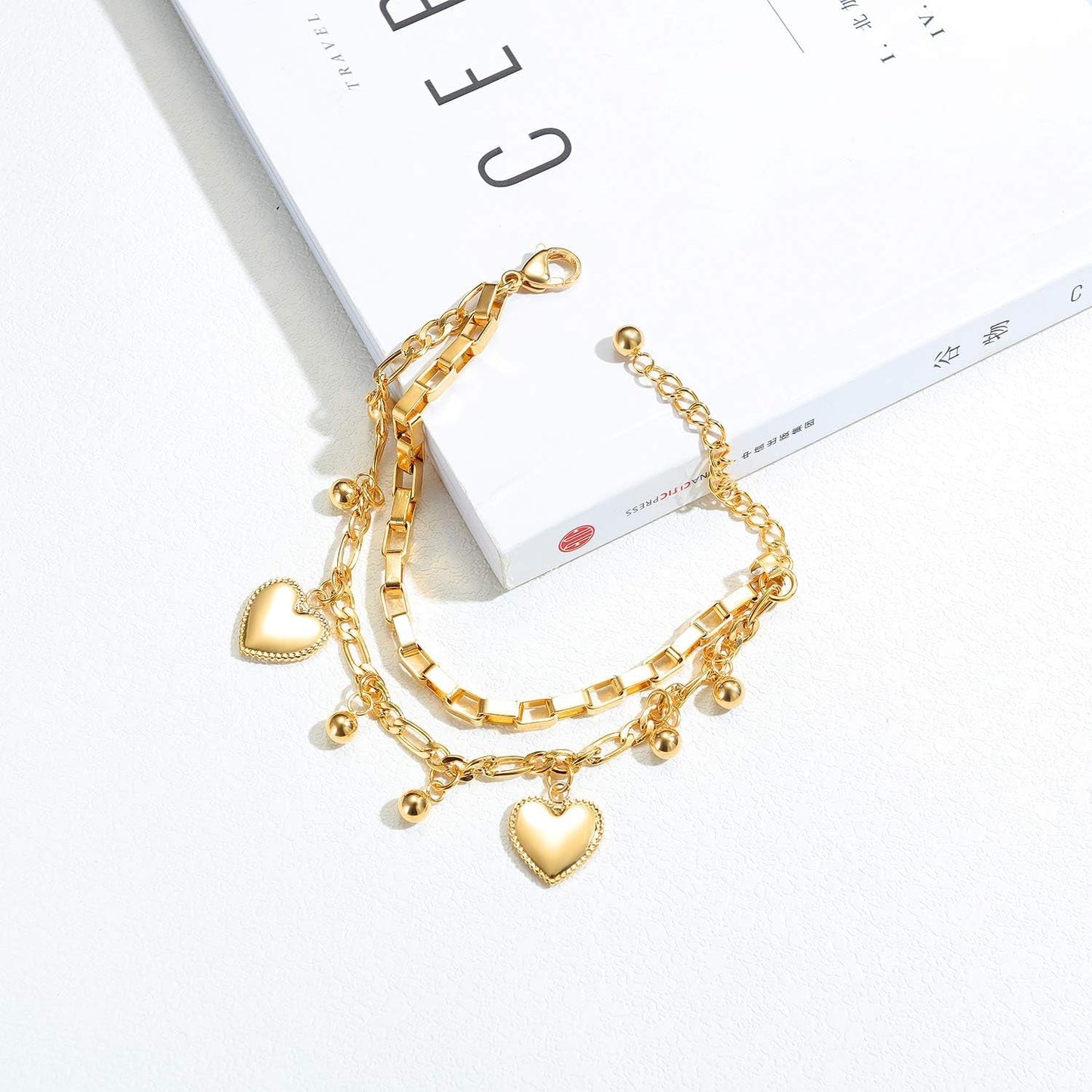 Fashion Stainless Steel Double Layer Chain Bracelet Love Heart-Shaped Charm Bracelet for Women