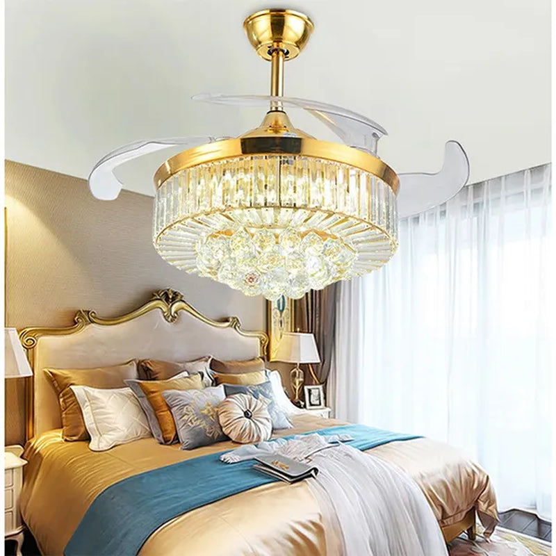 42 Inches Ceiling Fan Light Remote Control LED Pendant Light Crystal Dimmable Metal Luxury Invisible Ceiling Chandelier Lighting