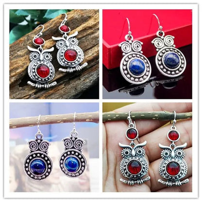 Retro Tibetan Silver Natural Ruby Sapphire Inlay Owl Ear Hook Dangle Earrings Gift for Women