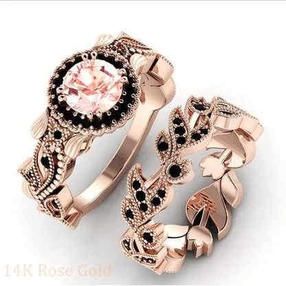 2 Pieces/Set of Exquisite Fashion Ideas 14K Rose Gold Ring Black Diamond Ring Flower Vine Ladies Ring Jewelry Promise Wedding Ring Princess Proposal Ring Anniversary Gift (Size: 5-11)