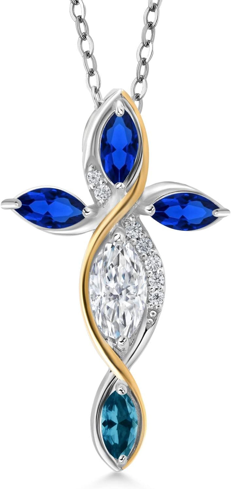 925 Silver and 10K Yellow Gold Blue Created Sapphire Lab Grown Diamond Cross Pendant with Chain Set with Moissanite (1.45 Cttw)