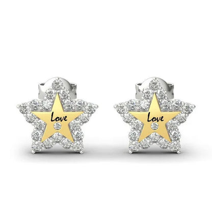 Temperament Ladies Fashion Shining Star 18K Yellow Love White Sapphire Diamond Earrings Ring