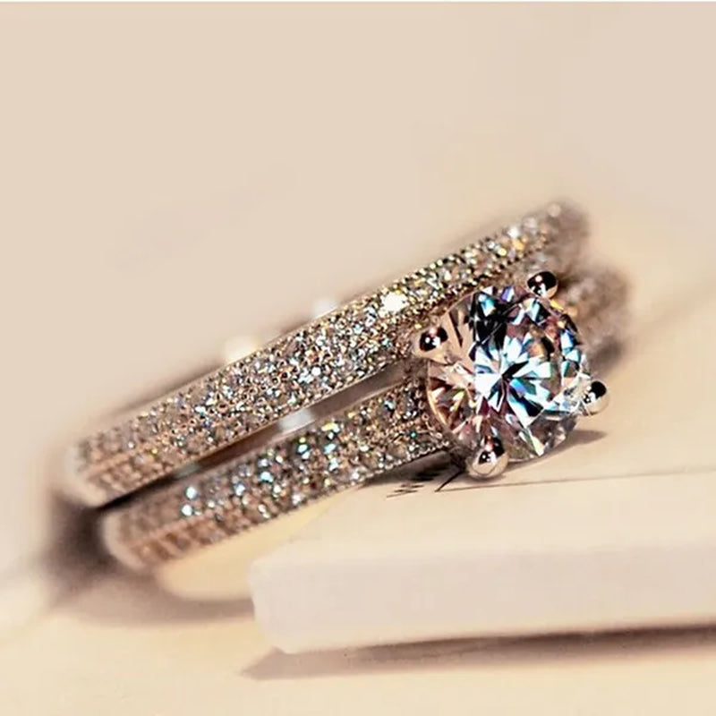 925 Silver Rose Gold Round Cut CZ Wedding Band Engagement Rings Set Women Size 4 5 6 7 8 9 10 11 12