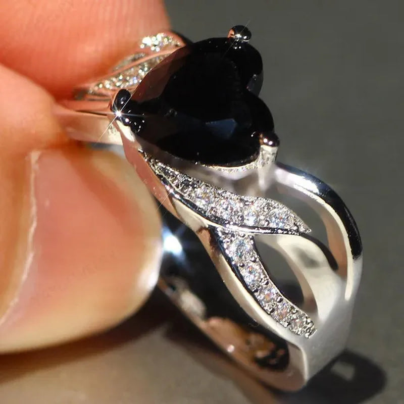 Silver Natural Gemstones Black Sapphire Heart Ring Wedding Bride Engagement Band Charm Mum Ring Jewelry Valentine's Day Gifts Christmas Gift
