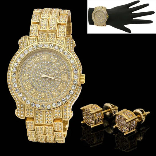 Mens 14K Gold Plated ICED Cz Micropave Earring Stud Round w/ Fully CZ Watch
