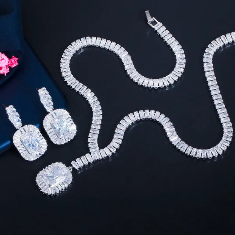 Gloriya Classic Sparkle Cubic Zircon Charm Square Pendant Choker Necklace Earrings for Bridal High Quality Sapphire Jewelry Set