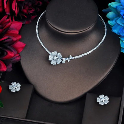 CANDICE Romantic 3D Flower Design Full Micro Pave Tiny CZ and Yellow 18K White Gold Plated Choker Necklace Earrings Set for Women Stylish Prom Party Jewelry