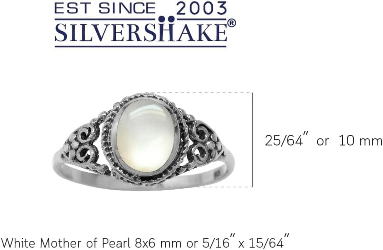 White Mother of Pearl Inlay 925 Sterling Silver Filigree Victorian Style Ring Size 9