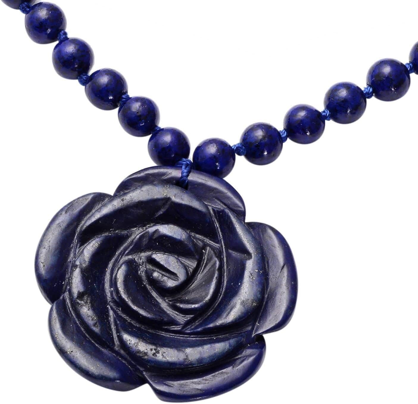 Carved Rose Blue Lapis Lazuli Beaded Necklace for Women 925 Sterling Silver Rhodium Plated Gifts for Women Size 18" Birthday Gifts