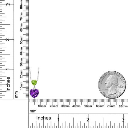 925 Sterling Silver Purple Amethyst and Green Peridot Double Heart Pendant Necklace for Women (2.10 Cttw, Heart 8MM and 5MM, with 18 Inch Silver Chain)