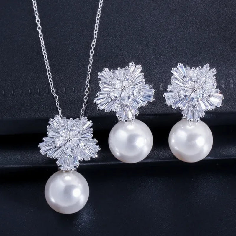 Gloriya High Quality Red Pearl Pendant Necklace Earrings Sets With Sparkling CZ Zirconia Snowflake Christmas Jewelry Set For Women Gifts