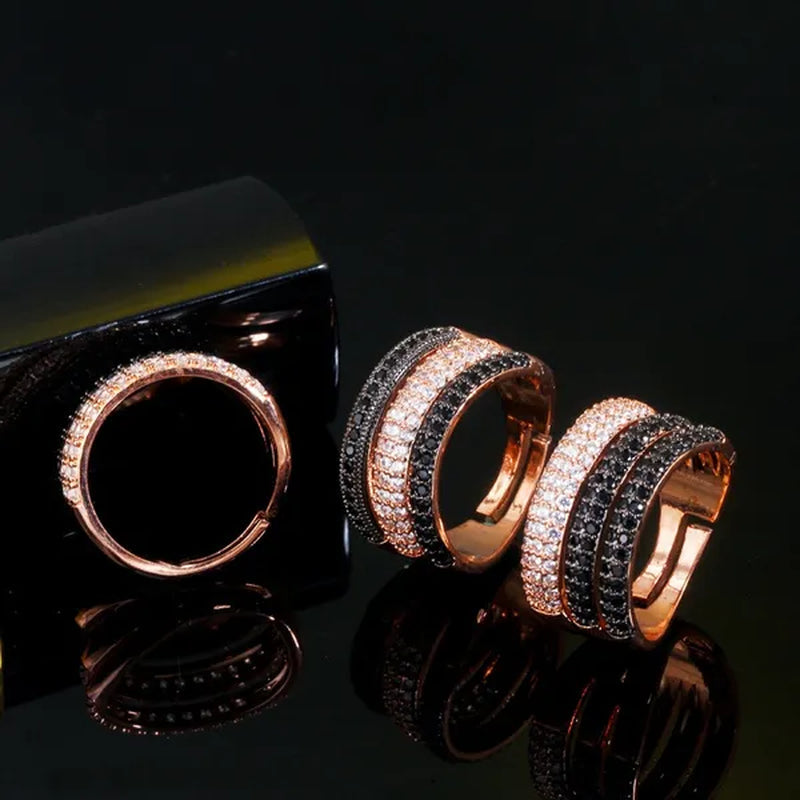 CANDICE New Arrival Trendy Cubic Zircon 3 Row Round Adjustable Open Cuff Ring for Female Cocktail Personality Finger Jewelry