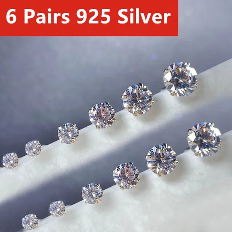 6 Pairs Stud Earrings Set, Hypoallergenic Cubic Zirconia Silver Earrings 3-8Mm