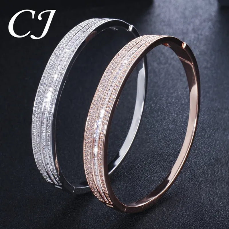 CANDICE New Fashion Simple Unisex Open Bangle Setting Sparkling CZ Stone Rose Gold & White Gold Plated Cuff Bracelet Jewelry for Women Men Couple Gift
