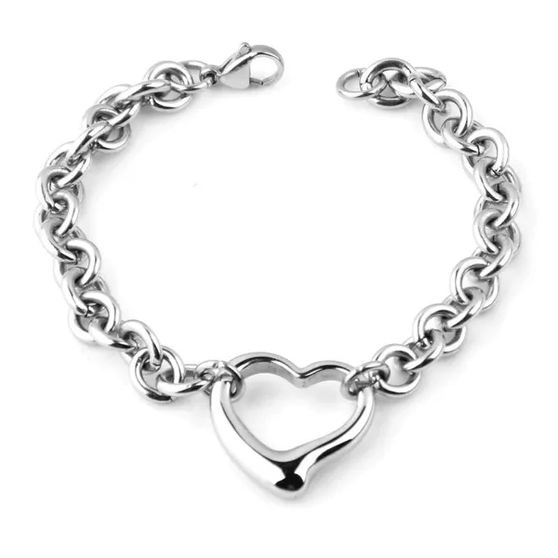 Charming Bracelet Necklace Set Silver Stainless Steel Oval Chain Womens Solid Heart Pendant Bracelet Accessories
