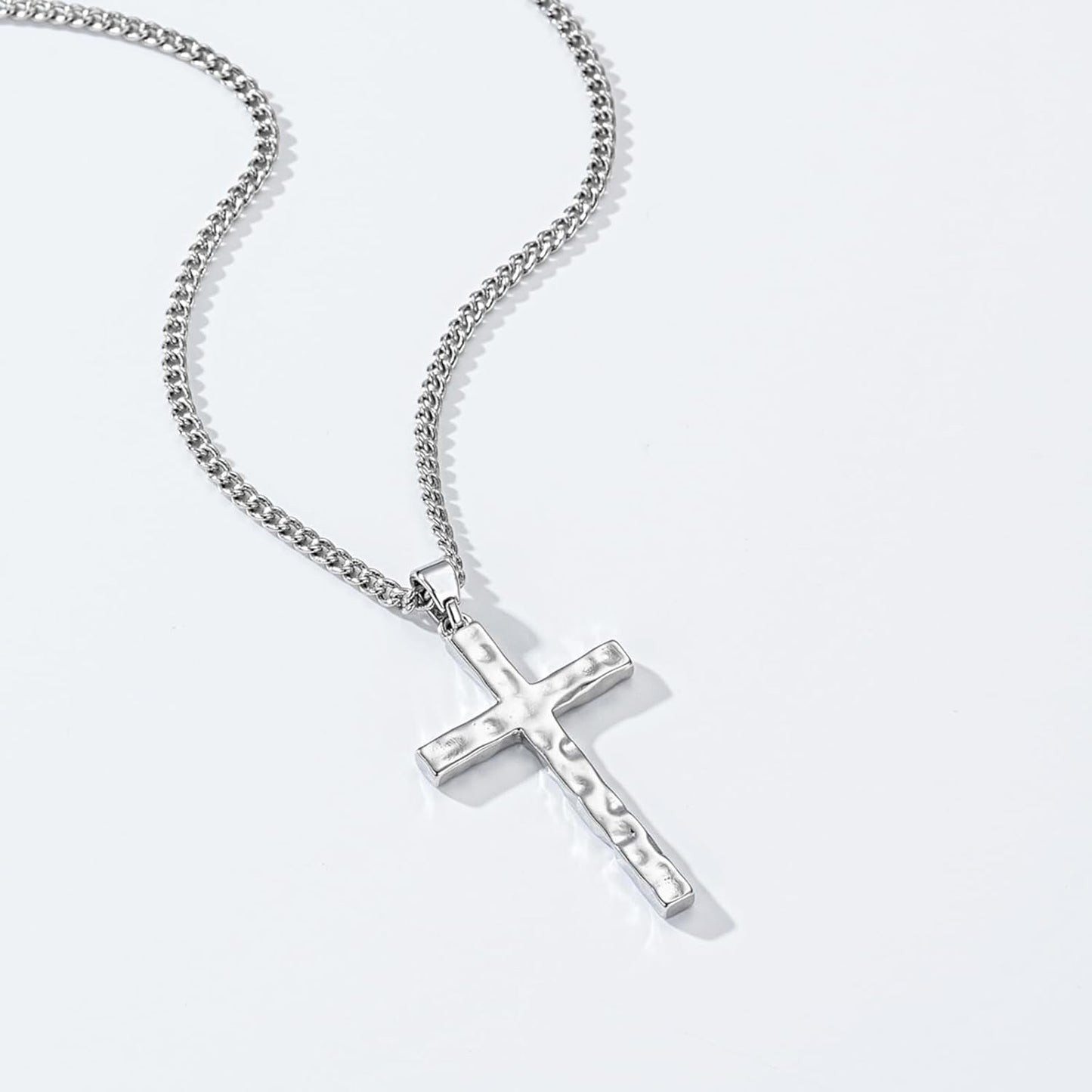 Cross Necklace for Men Boys - Hammered Cross Pendant with Cuban Chain Unique Crucifix Necklaces Christmas Christian Religious Jewelry Gifts 22+2 Inches