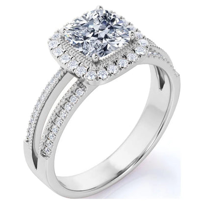 .63 Ct Cushion Cut Real Diamond - Vintage Style - Engagement Ring - Split Shank - Halo Ring - 10K White Gold