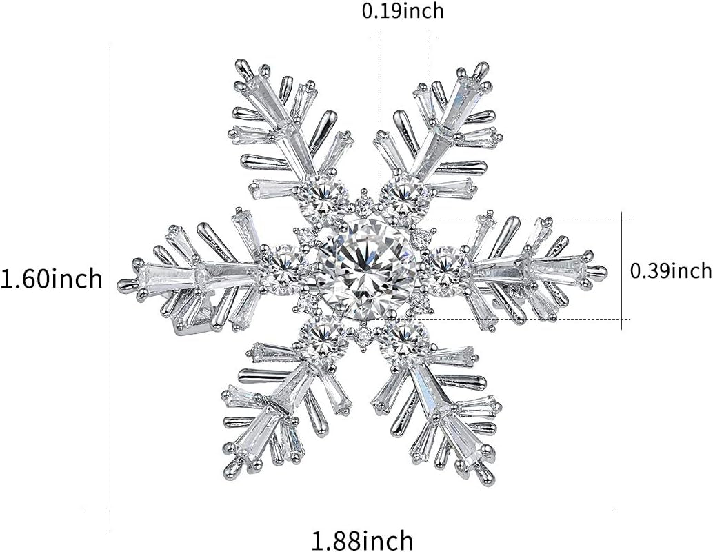 White Gold Plated Cubic Zirconia CZ Winter Art Deco Snowflake Flower Clear Brooch Pin for Women Lady