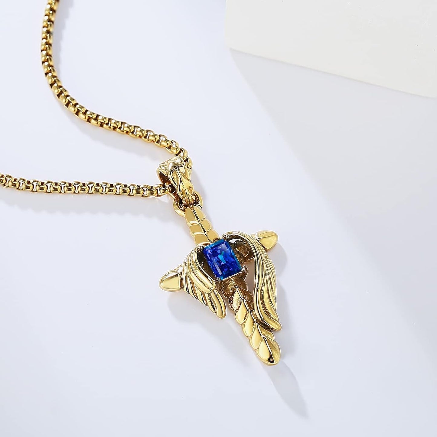 Cross Necklace for Men Women, Angel Wings Stainless Steel Pendant with Created Sapphire Blue Stone, 14K Gold Plated Titanium Steel, Inspirational Faith Jewelry Gifts, 24 Inches Chain (Gold)