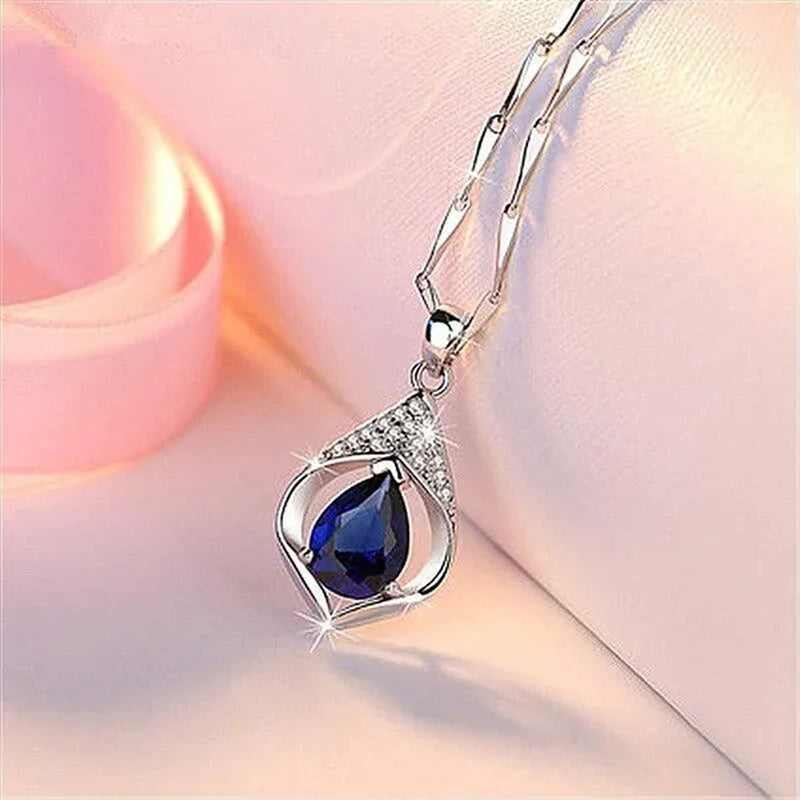 Fine Elegant Bridal Wedding Clavicle Necklace for Women Engagement Wedding Jewelry Gift Teardrop Blue Sapphire Necklace