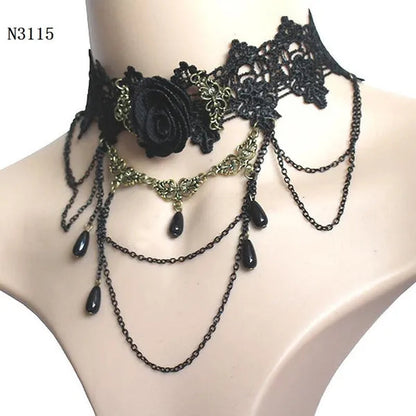 Black Lace Necklace Chokers Vintage Style Female Gothic Wedding Red Rose Crystal Diamond Pendant Collarbone Necklaces Chain Accessories for Women Girls