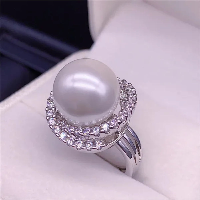 925 Sterling Silver 18K Gold with Diamonds Natural South Sea Gold Pearl Pearl Powder Ring Pearl Ring Finger Ring for Mother