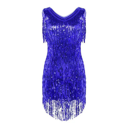 Women's Gowns V Neck Sparkling Sequin Tassels Rhythm Ballroom Salsa Samba Rumba Tango Latin Dance Dress