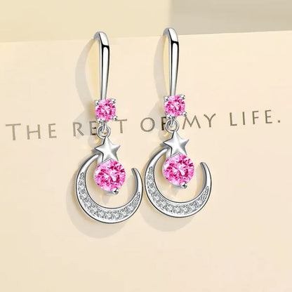 Female Fashion Star Moon Earrings Silver Plated Pink Blue White Cubic Zirconia Dangle Earrings Bride Wedding Engagement Anniversary Valentine'S Day Gift Jewelry