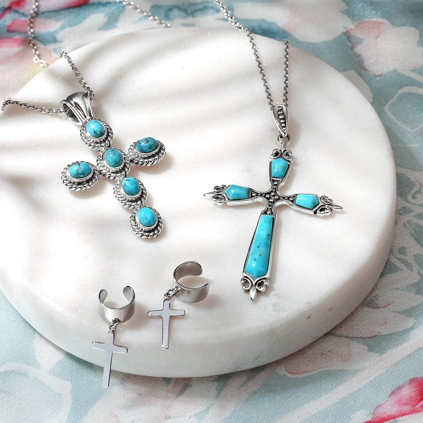 South Western Style Stabilized Turquoise Rope Bezel Set Cross Pendant Necklace for Women .925 Sterling Silver More Colors