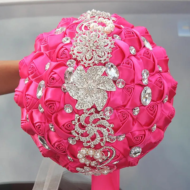 24CM Customized Silk Rose Wedding Bouquet Sapphire Blue Artificial Flowers Wedding Bridal Bouquet Luxury Crystal Pearl Brooch Bridesmaid Bride Holding Flowers