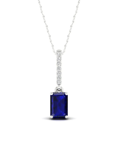 Gemstone 10K White Gold Emerald Cut Blue Sapphire 1/20 CT TW Diamond Halo Pendant Necklace