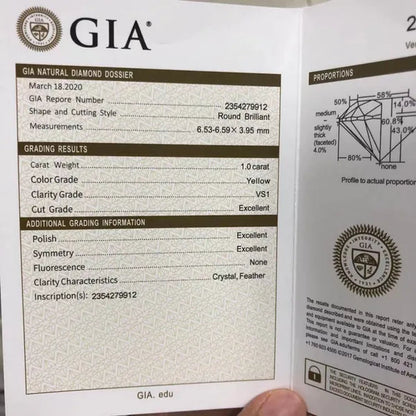 6.5mm 1ct Yellow Diamond Round Excellent Cut Loose Gemstone with GIA certificate