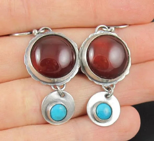 Red Agate and Turquoise Earrings Retro 925 Silver Plated Beautiful RUBY EARRINGS