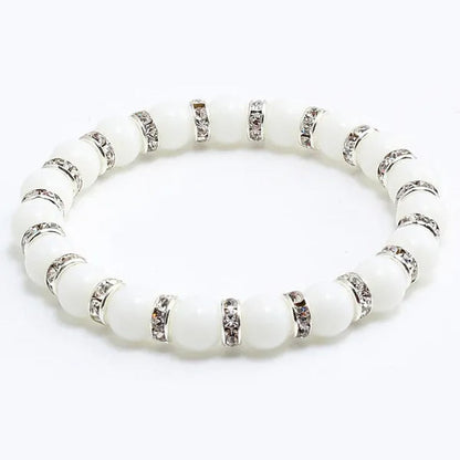 Natural Stone Pink Crystal Quartz &White Porcelain Rhinestones Bracelets & Bangles Charm Powder Beads Strand Bracelet Love Gifts for Women Men Casual Jewelry