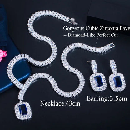 Gloriya Classic Sparkle Cubic Zircon Charm Square Pendant Choker Necklace Earrings for Bridal High Quality Sapphire Jewelry Set