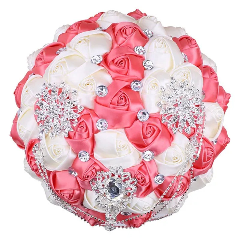 21CM Beautiful Rhinestone Tassel Wedding Bouquet Diamond Brooch Bouquet Satin Rose Bridal Holding Flower DIY Wedding Supplies