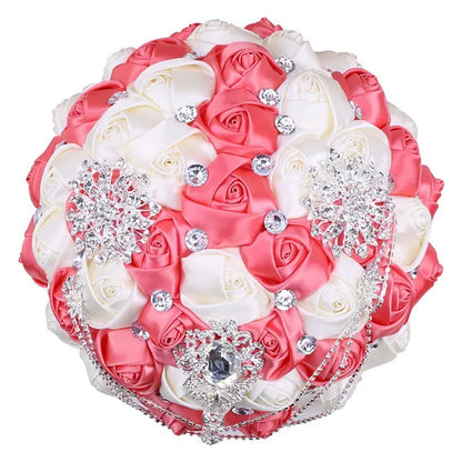 21CM Beautiful Rhinestone Tassel Wedding Bouquet Diamond Brooch Bouquet Satin Rose Bridal Holding Flower DIY Wedding Supplies
