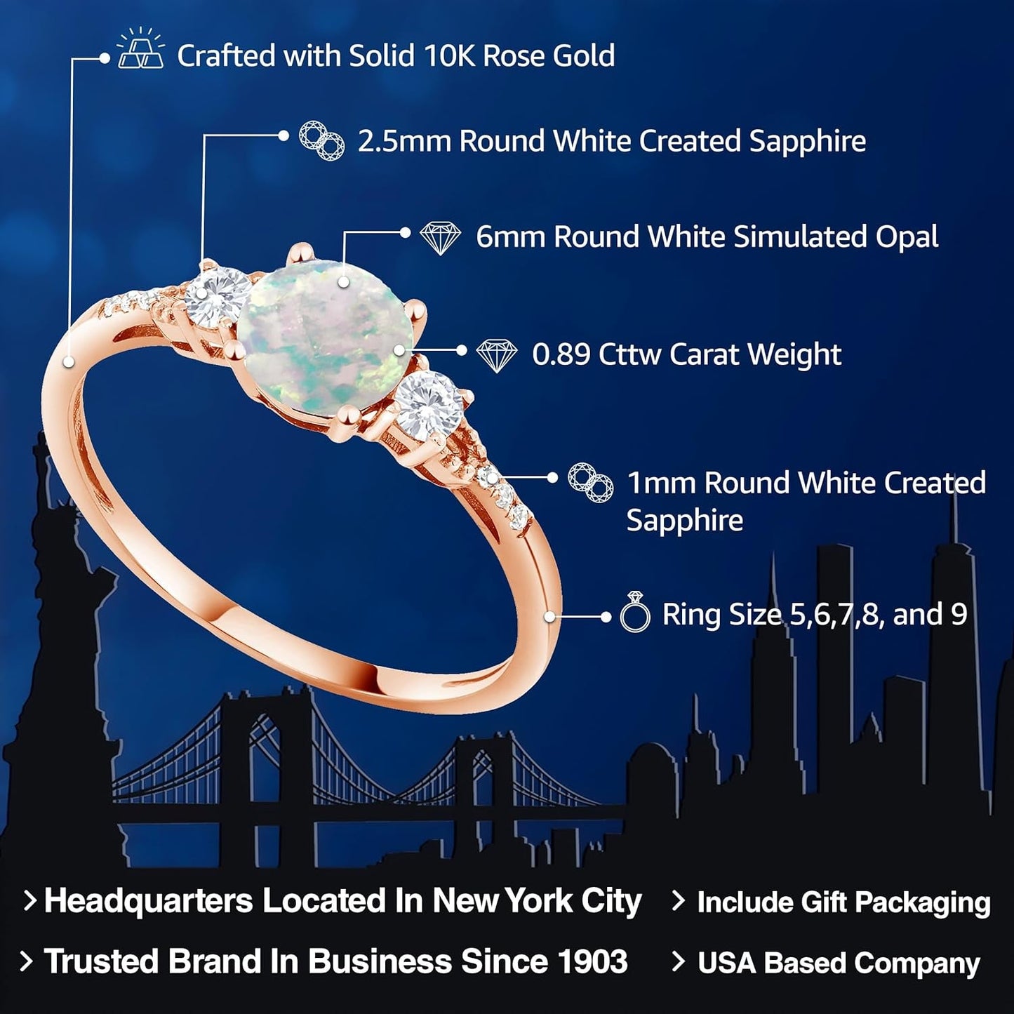 10K Rose Gold White Simulated Opal White Created Sapphire and Diamond Accent 3-Stone Engagement Ring for Women (0.89 Cttw, round Cabochon 6MM, Gemstone October Birthstone)