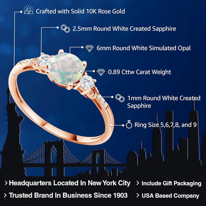 10K Rose Gold White Simulated Opal White Created Sapphire and Diamond Accent 3-Stone Engagement Ring for Women (0.89 Cttw, round Cabochon 6MM, Gemstone October Birthstone)