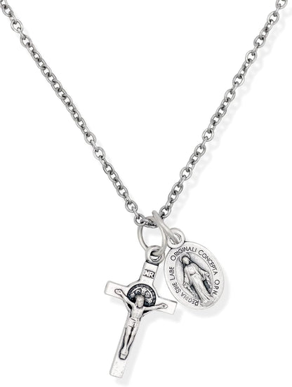 Silver Oxidized Italian Crucifix and Mary Mini Miraculous Medal Necklace on 16" Stainless Steel Chain - Jesus Mary Chain Catholic Necklace for Women, Couples Necklace, Unisex Religious Medal Necklace