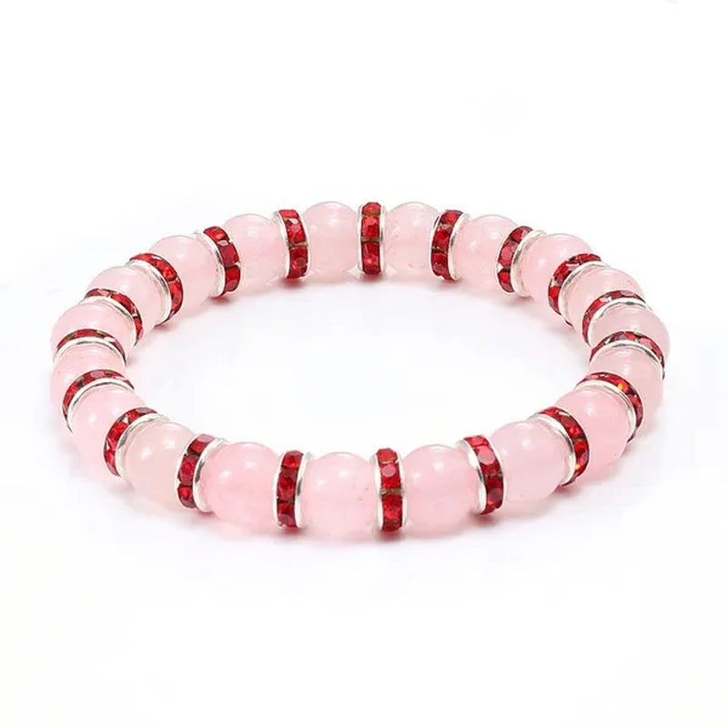 Natural Stone Pink Crystal Quartz &White Porcelain Rhinestones Bracelets & Bangles Charm Powder Beads Strand Bracelet Love Gifts for Women Men Casual Jewelry