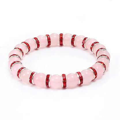 Natural Stone Pink Crystal Quartz &White Porcelain Rhinestones Bracelets & Bangles Charm Powder Beads Strand Bracelet Love Gifts for Women Men Casual Jewelry