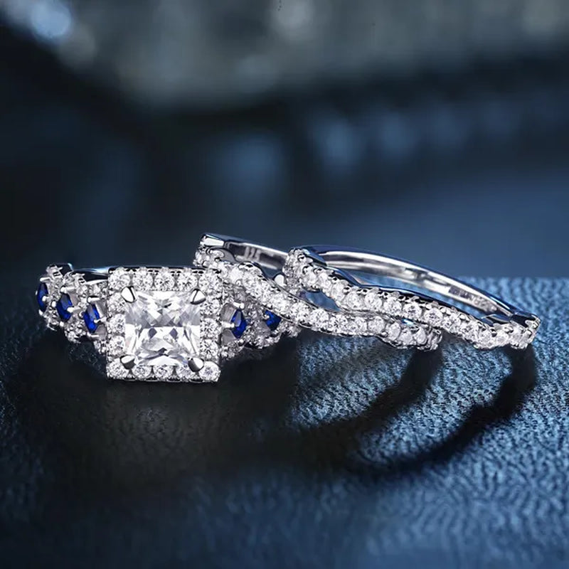 Newshe 3Pcs Princess Halo CZ Wedding Engagement Ring Sets Vintage Style Bridal Sets for Women 925 Sterling Silver Sz 4.5-13