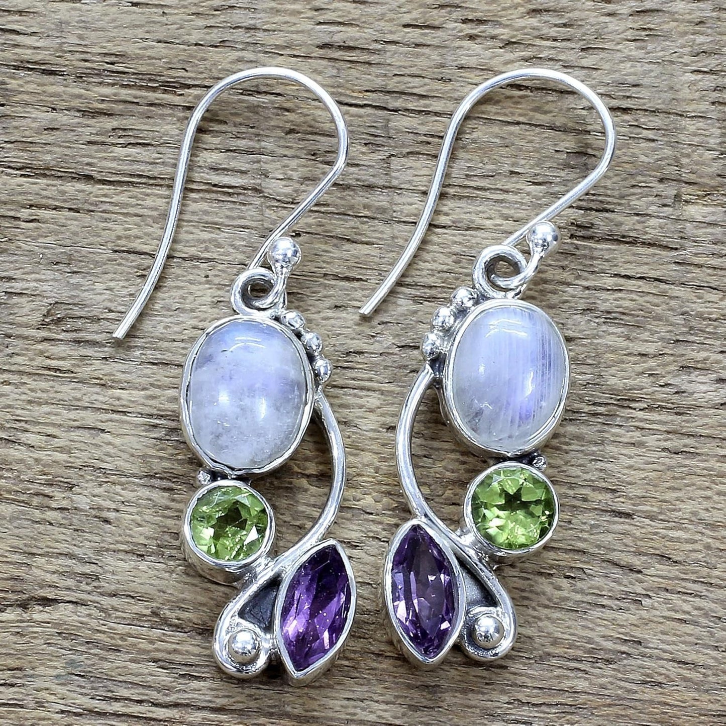 Artisan Handcrafted Multigemstone Dangle Earrings | .925 Sterling Silver Handmade Dangle Earrings | Rainbow Moonstone Clear Green Multicolor Purple Dangle Earring | Natural Glamour Themed