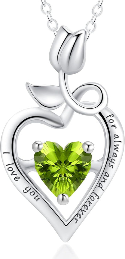 Fine Jewelry Birthstone Natural Peridot Necklace Sterling Silver Rose Flower Heart Gemstone Pendant Anniversary Birthday Gifts for Women Her Wife Mom